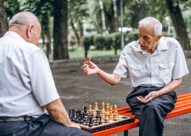 Two senior adult men playing chess on the bench outdoors in the park